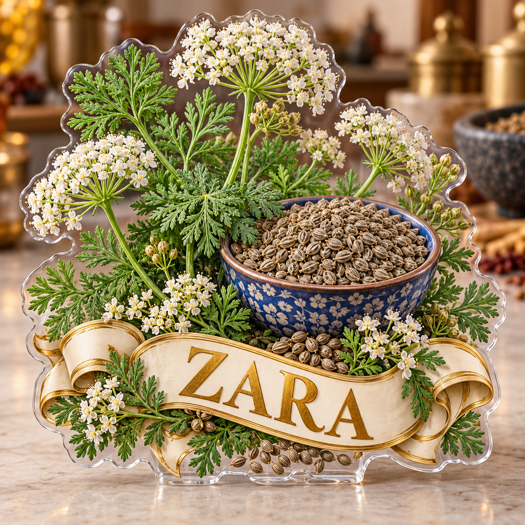Front view of personalized ajwain blossom spice garden acrylic plaque with sample name ZARA, displayed in a softly blurred warm spice kitchen