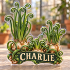 Front view of personalized albuca spiral leaf garden acrylic plaque with sample name CHARLIE, displayed in a softly blurred warm succulent conservatory
