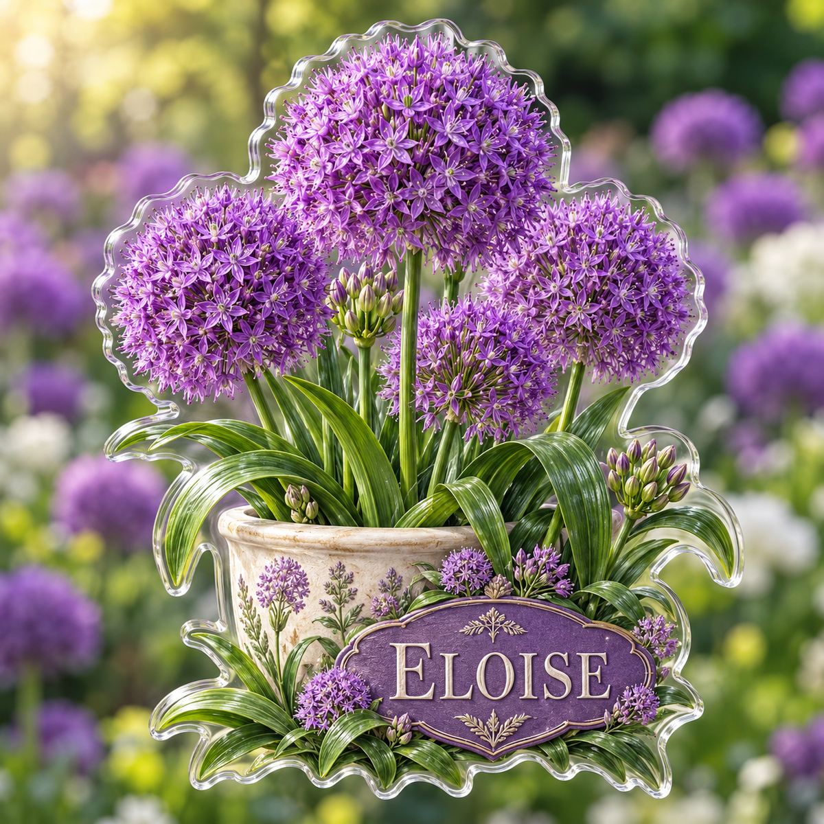 Front view of personalized allium purple garden acrylic plaque with sample name ELOISE, displayed in a softly blurred sunlit allium purple garden