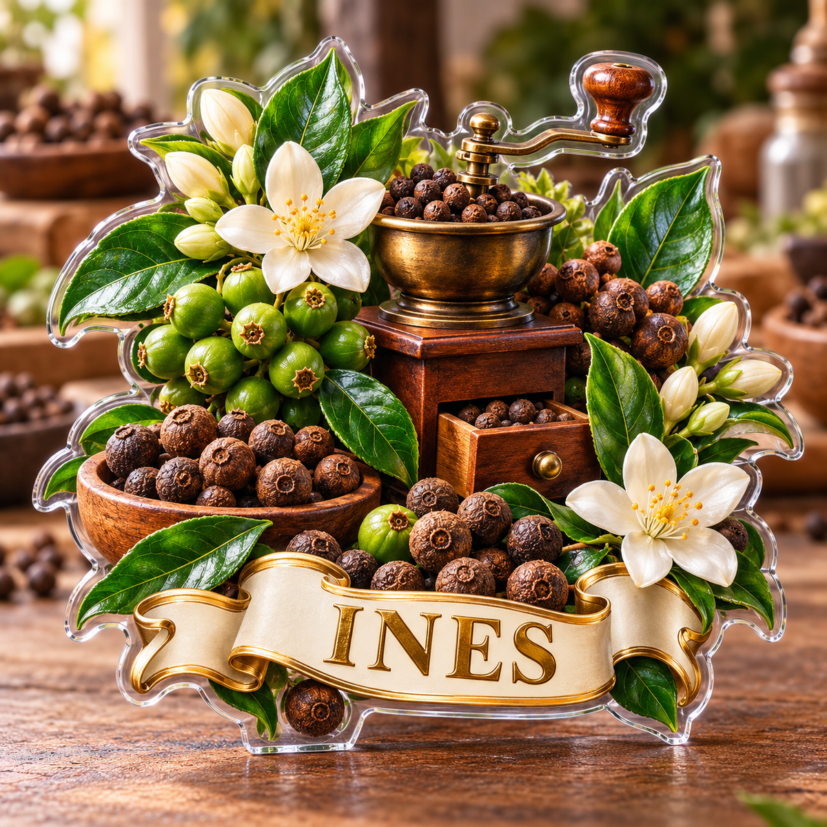 Front view of personalized allspice jasmine garden mill acrylic plaque with sample name INES, displayed in a softly blurred allspice kitchen