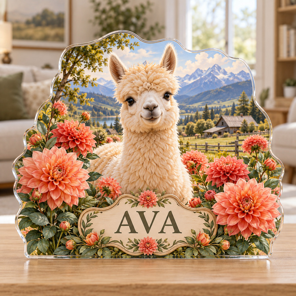 Front view of a alpaca dahlia mountain farm custom-shape acrylic plaque with example name AVA, displayed in a softly blurred cozy farmhouse sitting room on pale oak console