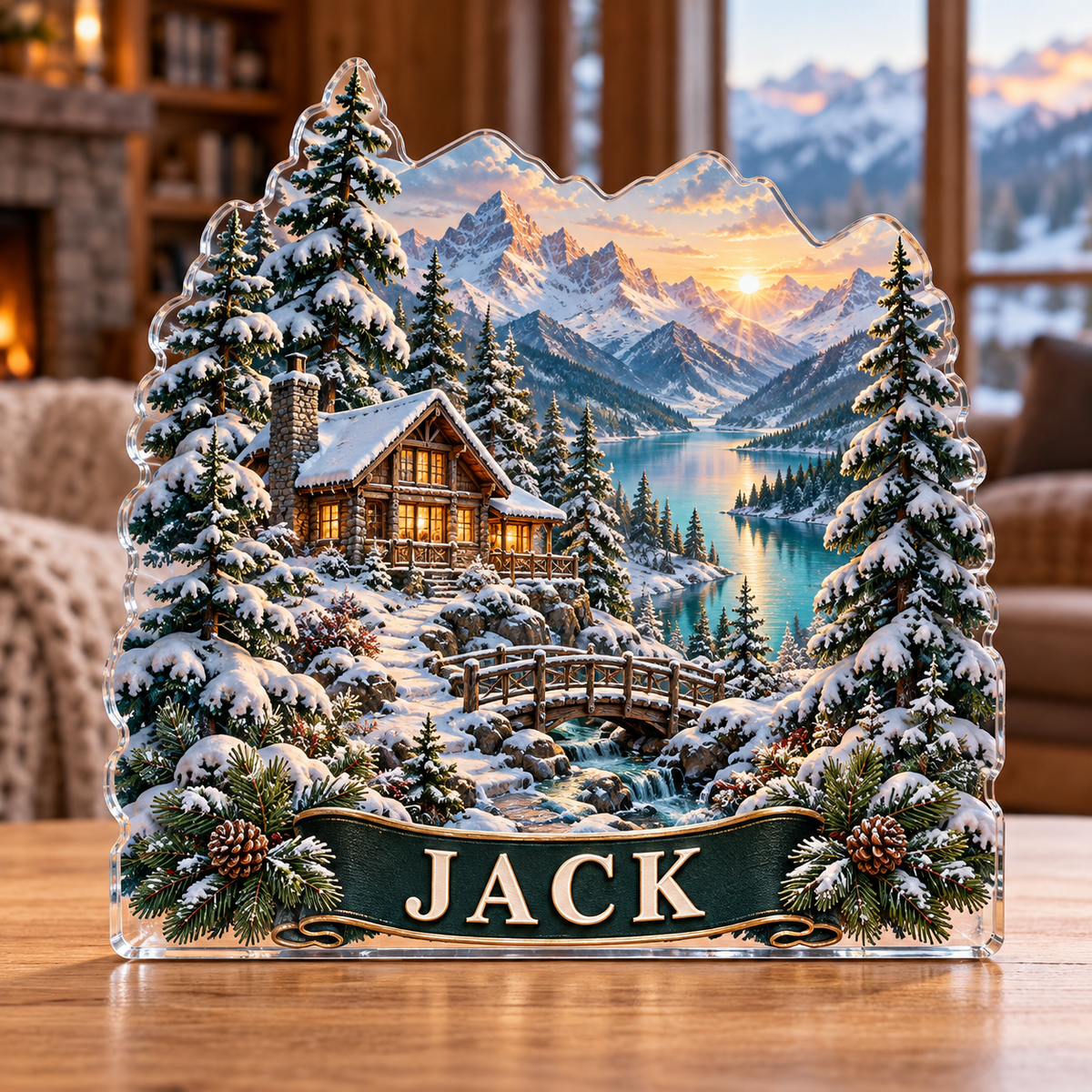 Front view of a personalized alpine cabin winter lake custom-shape acrylic plaque with example name JACK, displayed in a softly blurred mountain-lodge reading room