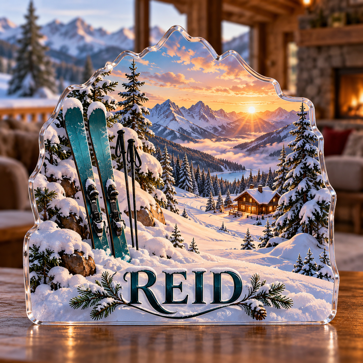 Front view of personalized alpine skiing pine sunrise ridge acrylic plaque with sample name REID, displayed in a softly blurred winter ski lodge