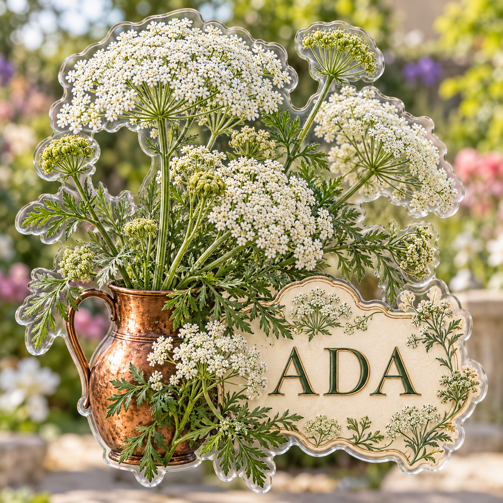 Front view of personalized ammi lace garden acrylic plaque with sample name ADA, displayed in a softly blurred sunny flower garden