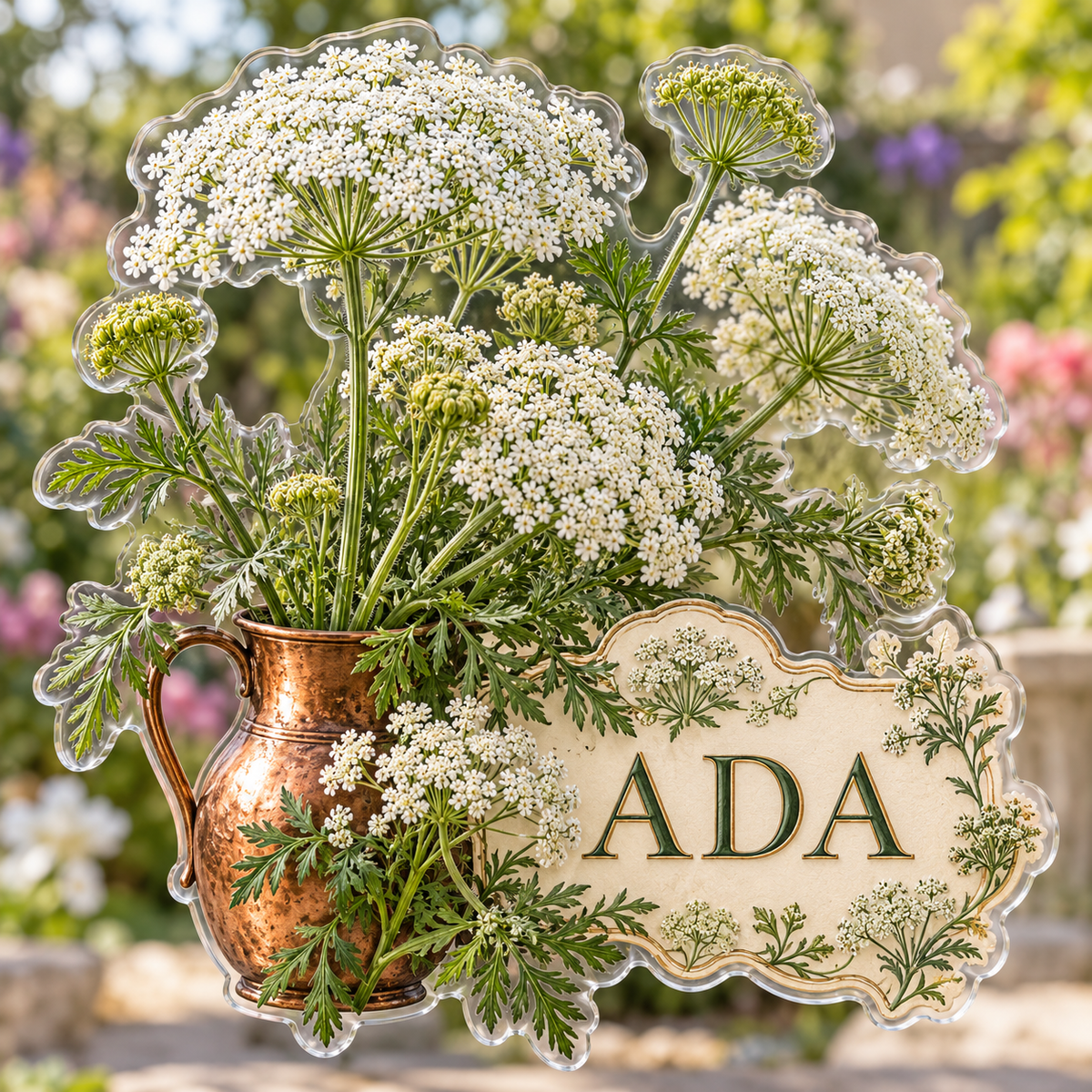 Front view of personalized ammi lace garden acrylic plaque with sample name ADA, displayed in a softly blurred sunny flower garden