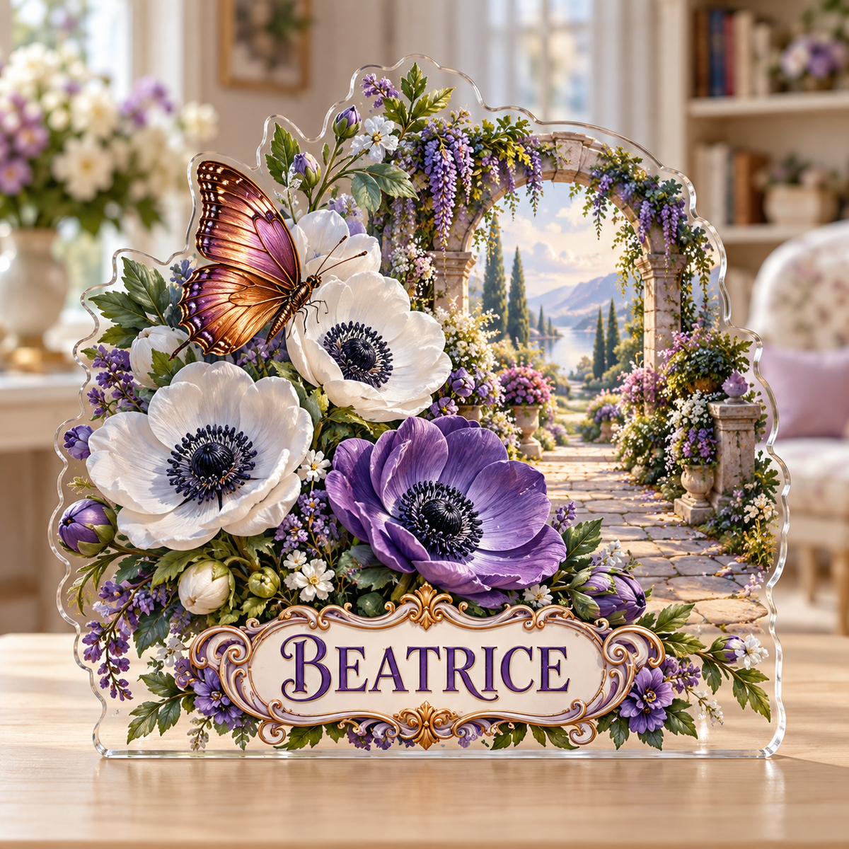 Front view of a anemone garden butterfly path custom-shape acrylic plaque with example name BEATRICE, displayed in a softly blurred elegant floral reading room on pale wood console