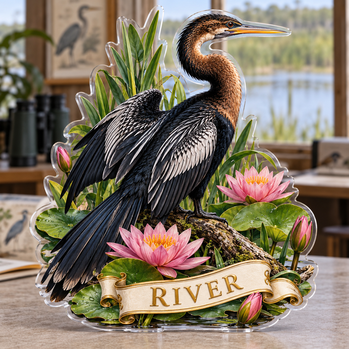 Front view of personalized anhinga water lily wetland acrylic plaque with sample name RIVER, displayed in a softly blurred wetland birdwatching room