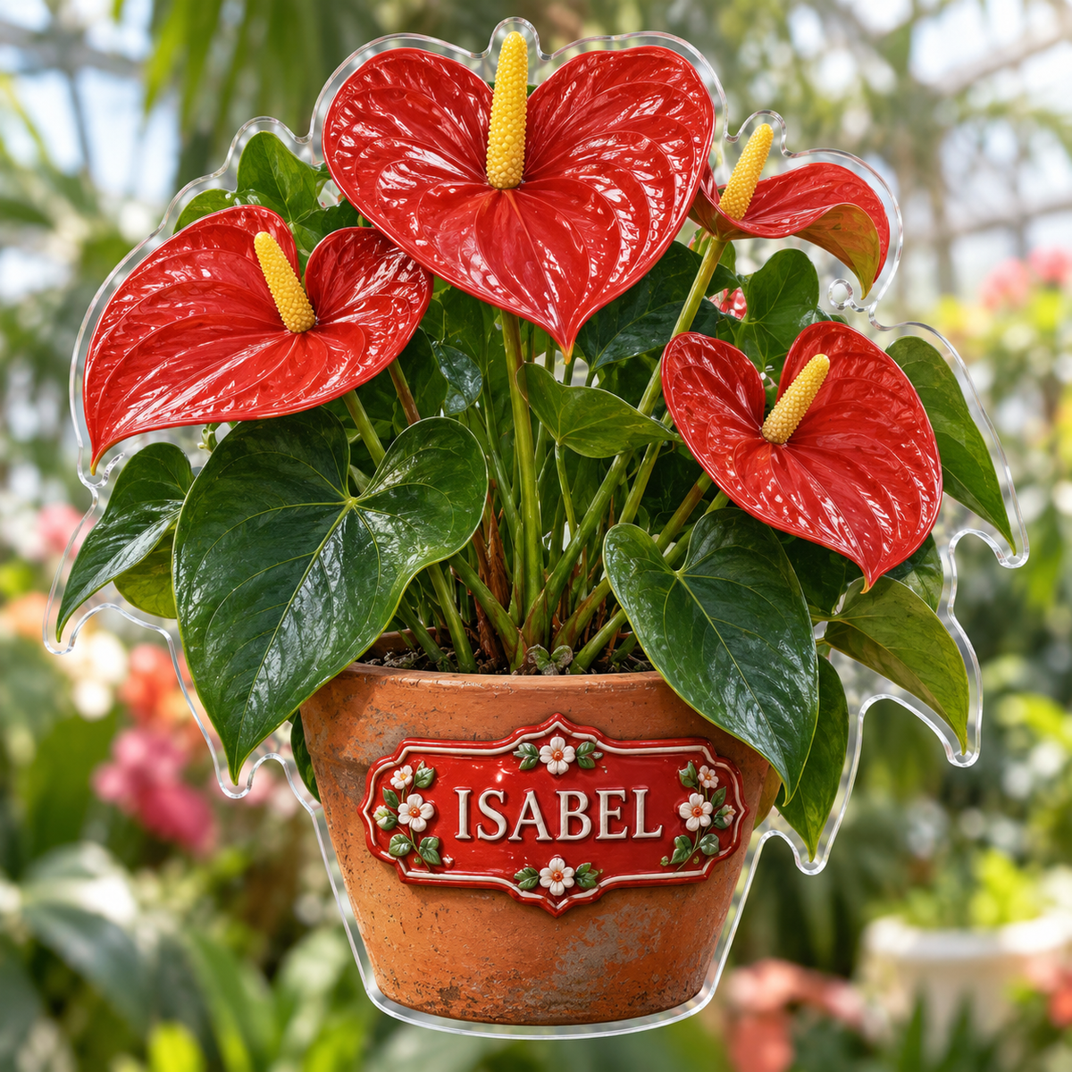 Front view of personalized anthurium tropical garden acrylic plaque with sample name ISABEL, displayed in a softly blurred tropical conservatory