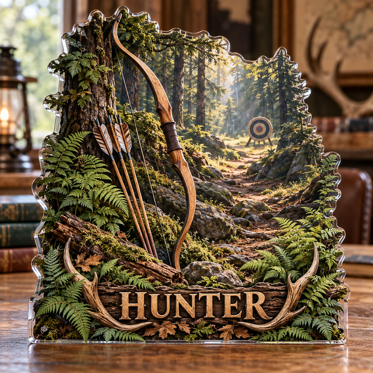 Front view of personalized archery fern forest acrylic plaque with sample name HUNTER, displayed in a softly blurred woodland sporting study on oak console