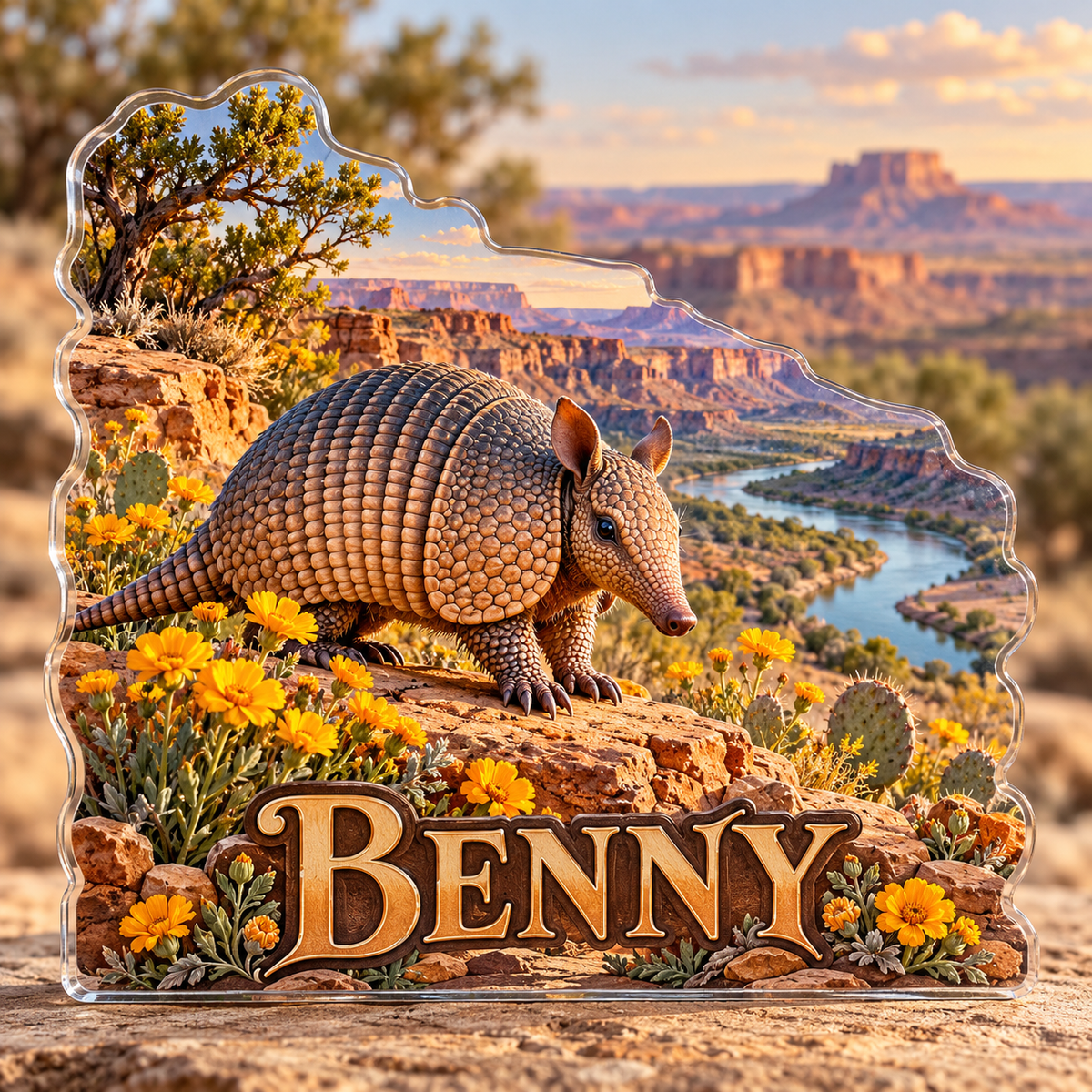 Front view of personalized armadillo desert marigold canyon acrylic plaque with sample name BENNY, displayed in a softly blurred desert wildlife study
