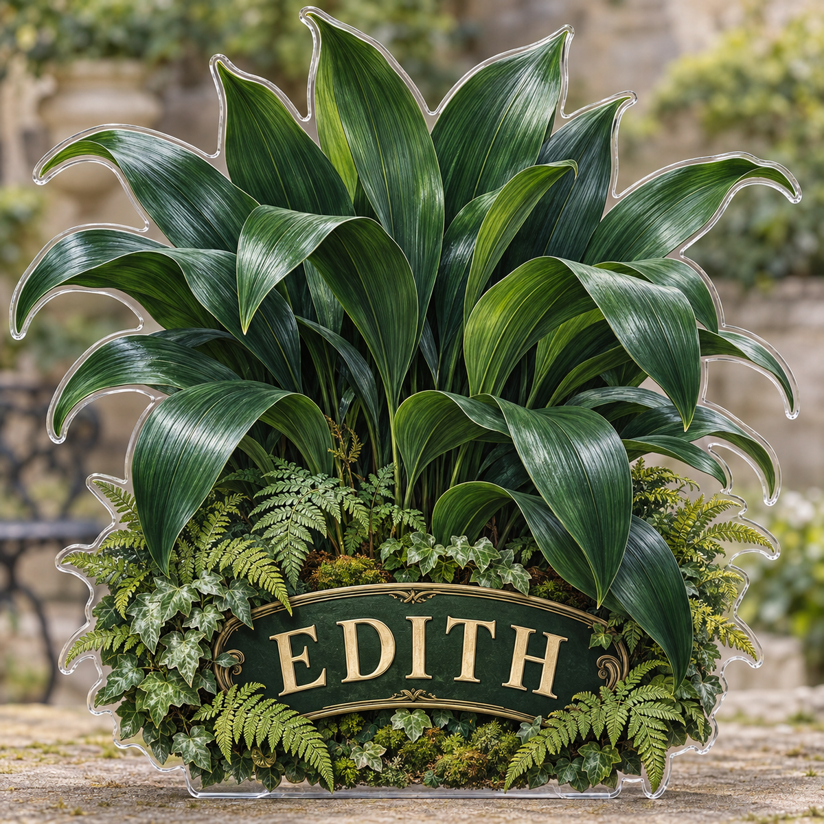 Front view of personalized aspidistra cast iron garden acrylic plaque with sample name EDITH, displayed in a softly blurred shaded Victorian conservatory