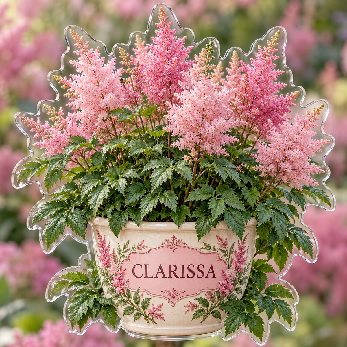 Front view of personalized astilbe pink garden acrylic plaque with sample name CLARISSA, displayed in a softly blurred sunlit astilbe pink garden