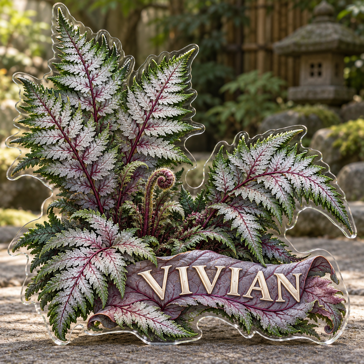 Front view of personalized athyrium japanese painted fern acrylic plaque with sample name VIVIAN, displayed in a softly blurred Japanese shade garden