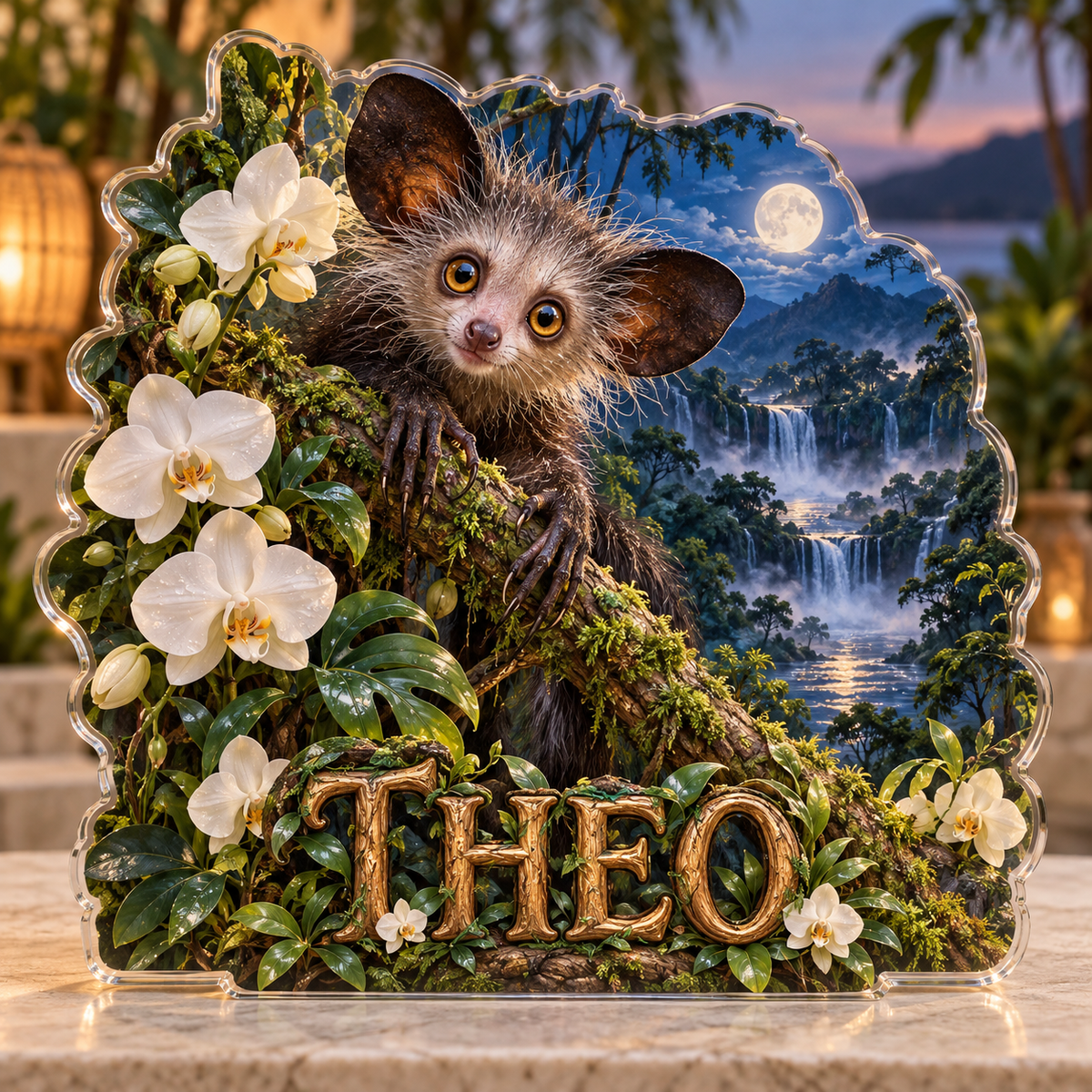 Front view of personalized aye aye orchid nightforest acrylic plaque with sample name THEO, displayed in a softly blurred tranquil tropical naturalist study at dusk on pale stone console