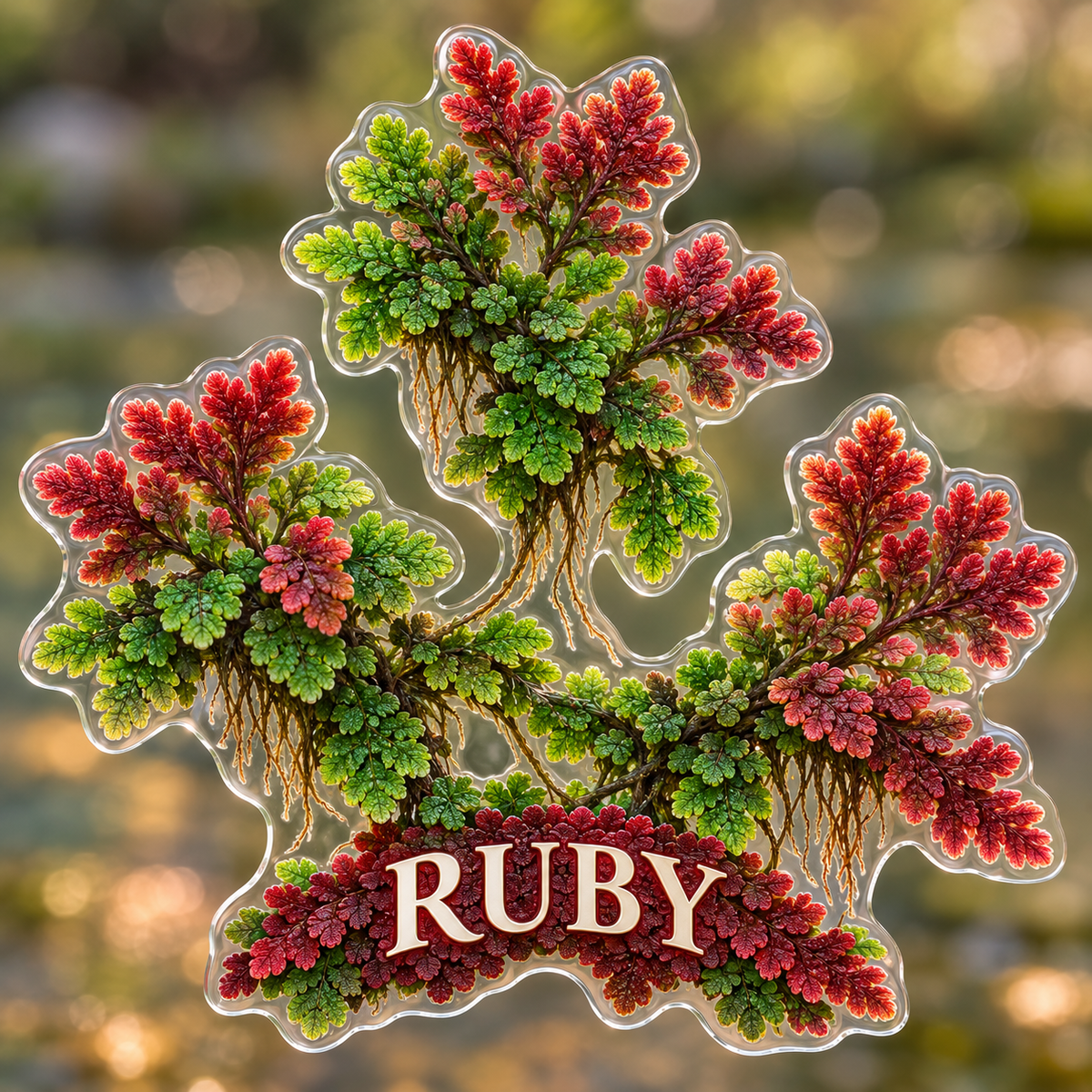 Front view of personalized azolla fairy fern acrylic plaque with sample name RUBY, displayed in a softly blurred copper-green pond garden