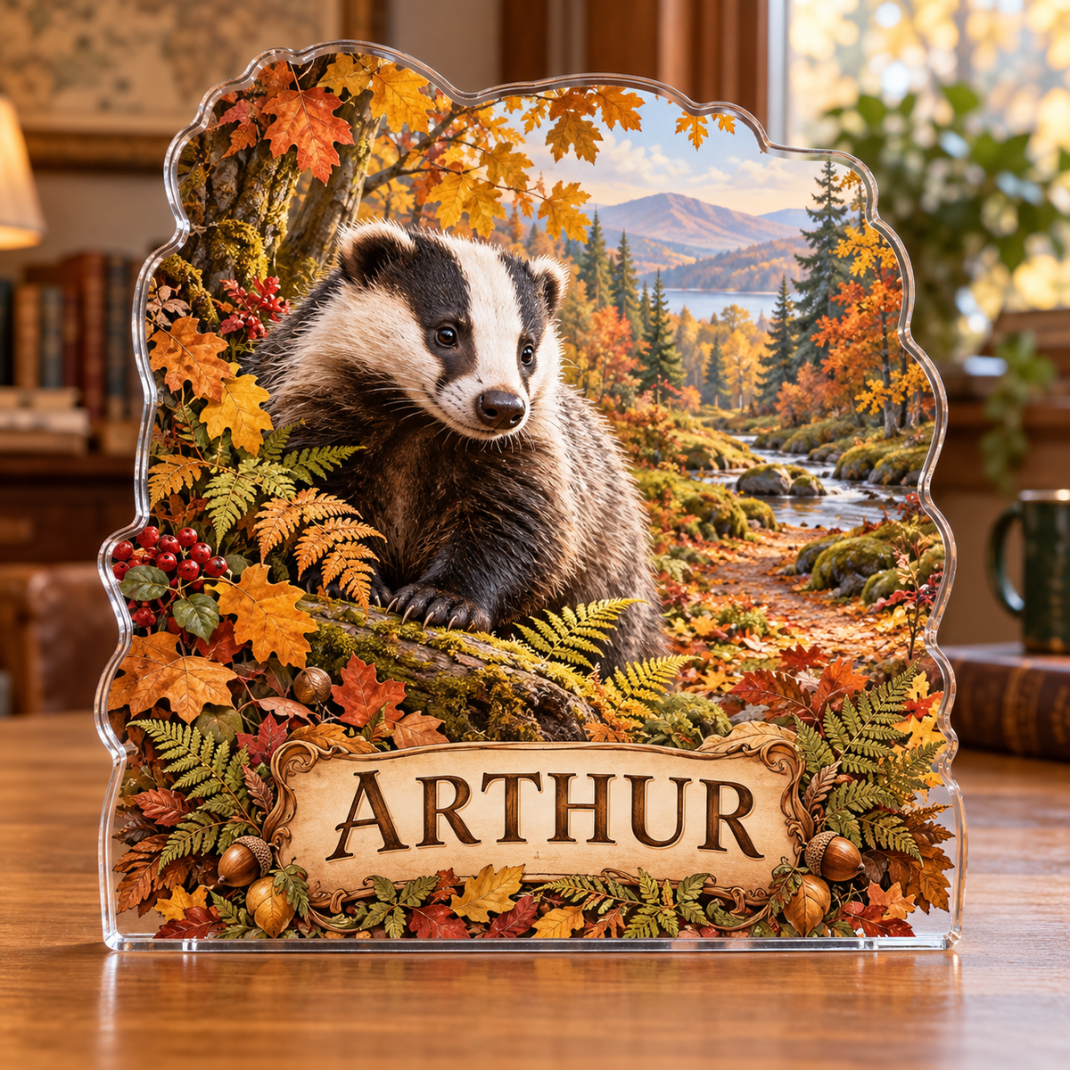 Front view of a badger autumn forest path custom-shape acrylic plaque with example name ARTHUR, displayed in a softly blurred woodland-inspired study on warm oak table