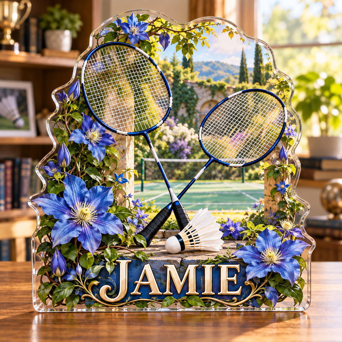 Front view of personalized badminton garden court acrylic plaque with sample name JAMIE in a bright sports study