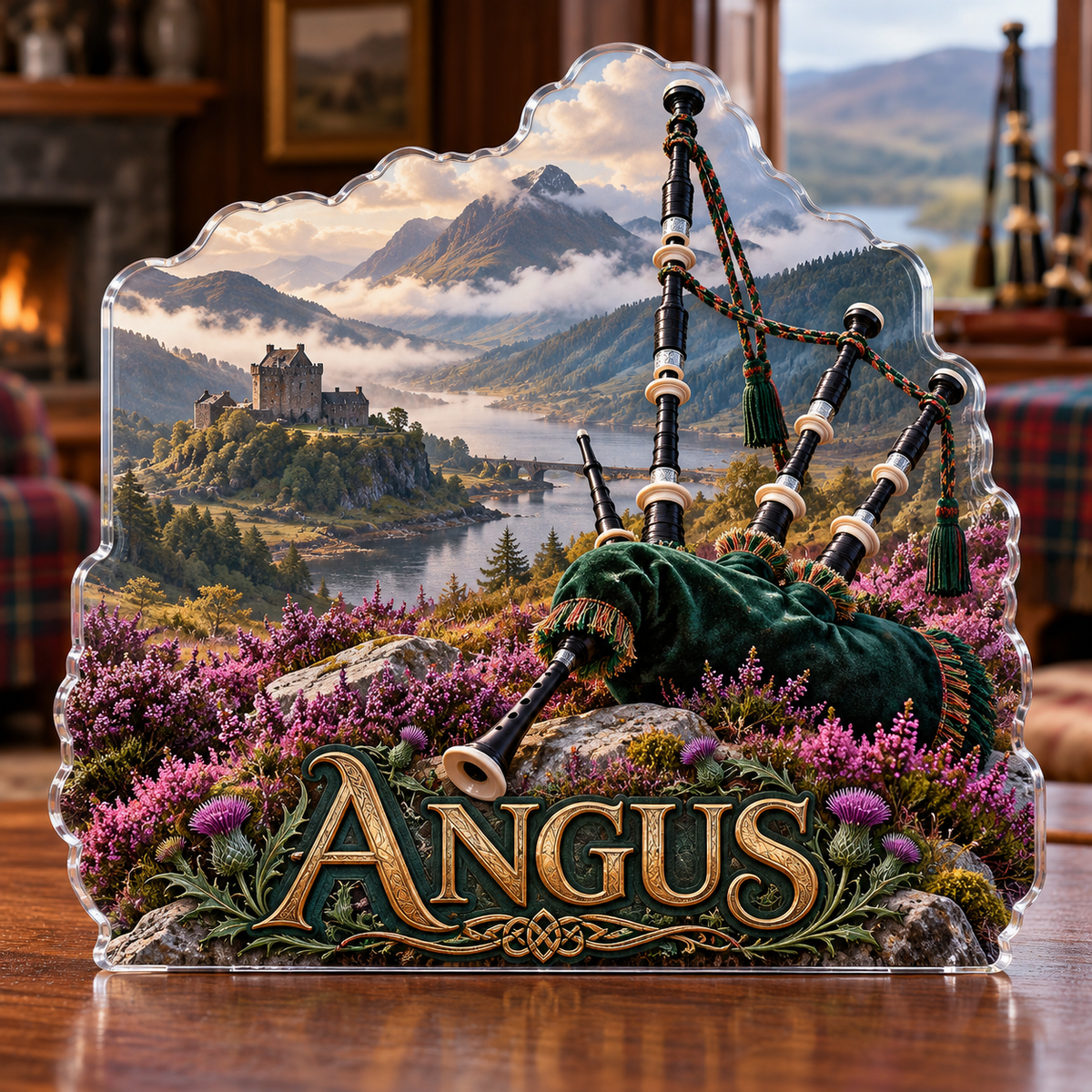 Front view of personalized bagpipe heather highland castle acrylic plaque with sample name ANGUS, displayed in a softly blurred Highland music room