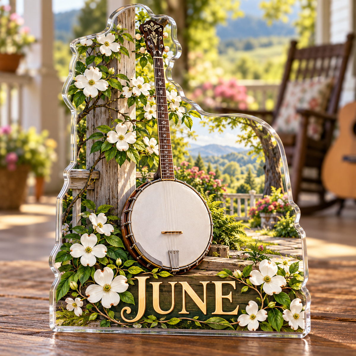 Front view of personalized banjo dogwood porch music acrylic plaque with sample name JUNE, displayed in a softly blurred acoustic music porch
