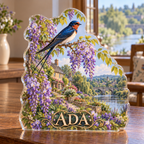 Front view of personalized barn swallow wisteria river cottage acrylic plaque with sample name ADA, displayed in a softly blurred riverside birdwatching room
