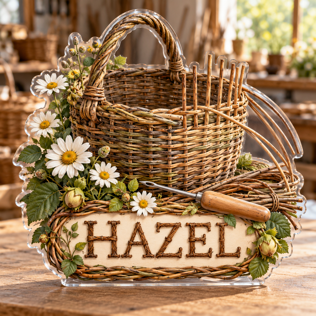 Front view of personalized basket repair willow atelier acrylic plaque with sample name HAZEL, displayed in a softly blurred sunlit basketry workshop