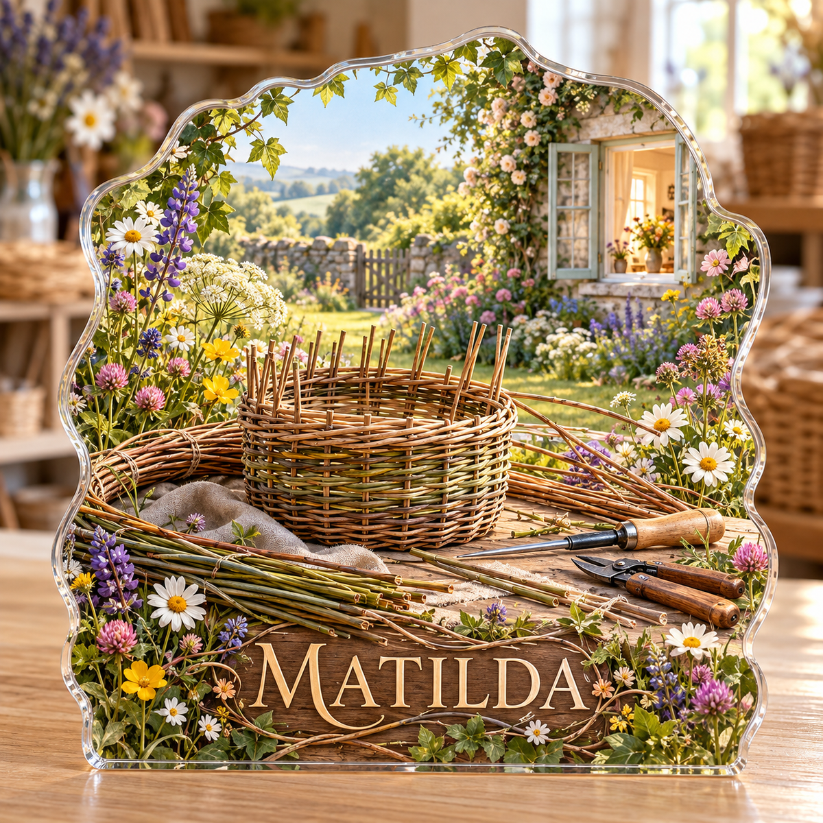 Front view of personalized basket weaving wildflower cottage acrylic plaque with sample name MATILDA, displayed in a softly blurred cozy basket weaving studio on pale oak worktable