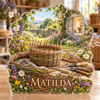 Front view of personalized basket weaving wildflower cottage acrylic plaque with sample name MATILDA, displayed in a softly blurred cozy basket weaving studio on pale oak worktable