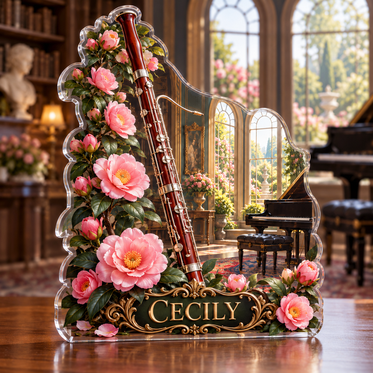 Front view of personalized bassoon camellia music salon acrylic plaque with sample name CECILY, displayed in a softly blurred classical music study