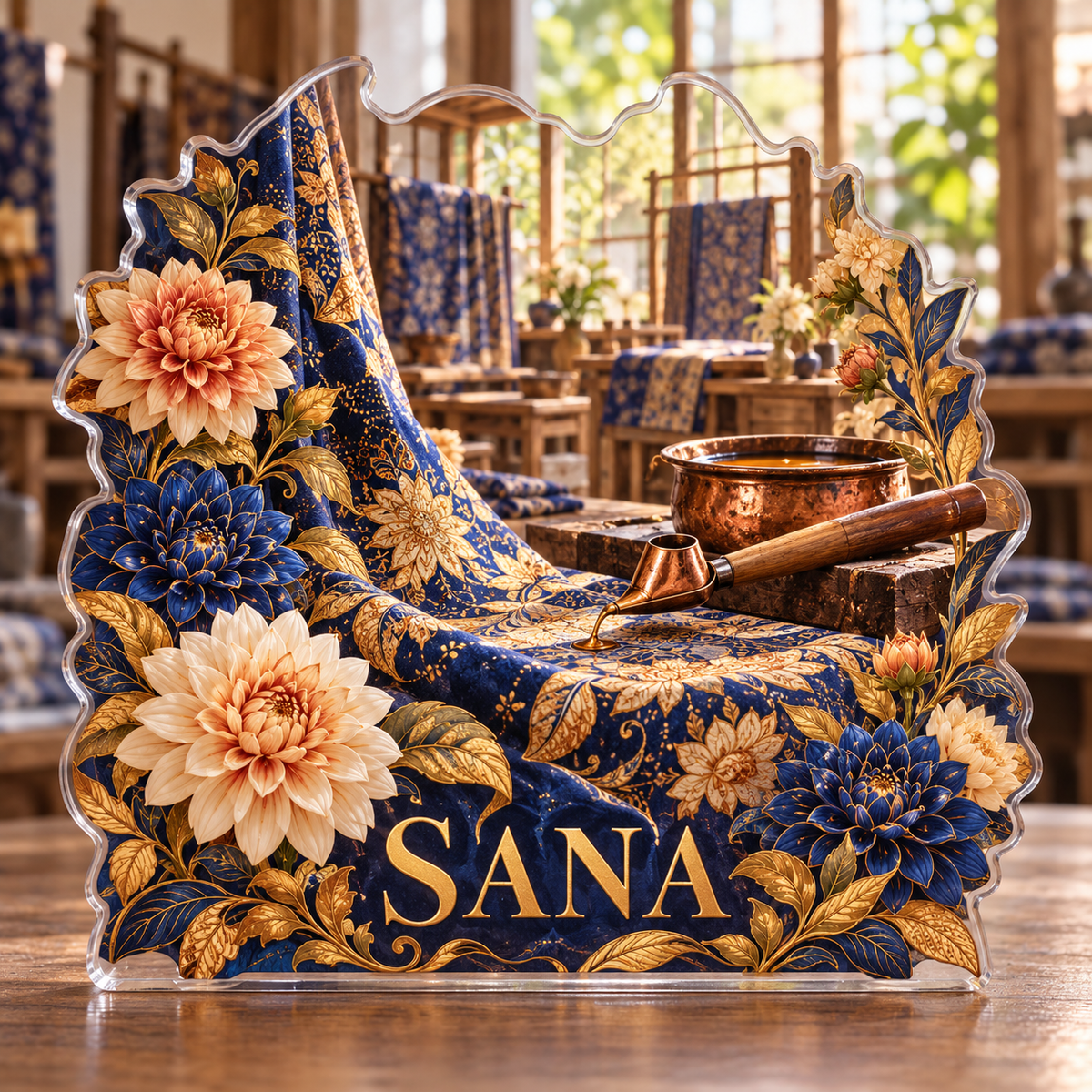 Front view of personalized batik dahlia textile workshop acrylic plaque with sample name SANA, displayed in a softly blurred batik craft studio