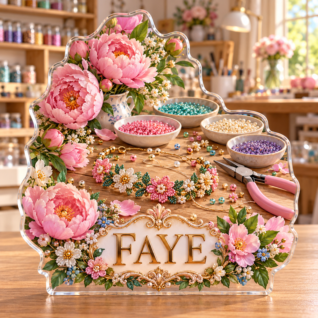 Front view of personalized beading peony jewelry atelier acrylic plaque with sample name FAYE, displayed in a softly blurred beadwork craft room