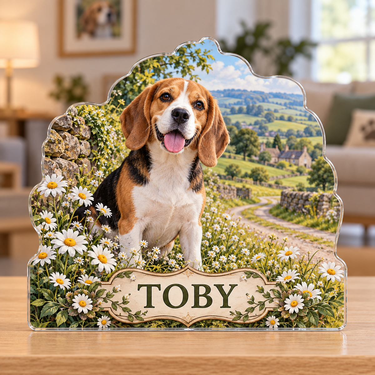 Front view of a beagle daisy country lane custom-shape acrylic plaque with example name TOBY, displayed in a softly blurred cozy dog-lover sitting room on light oak console
