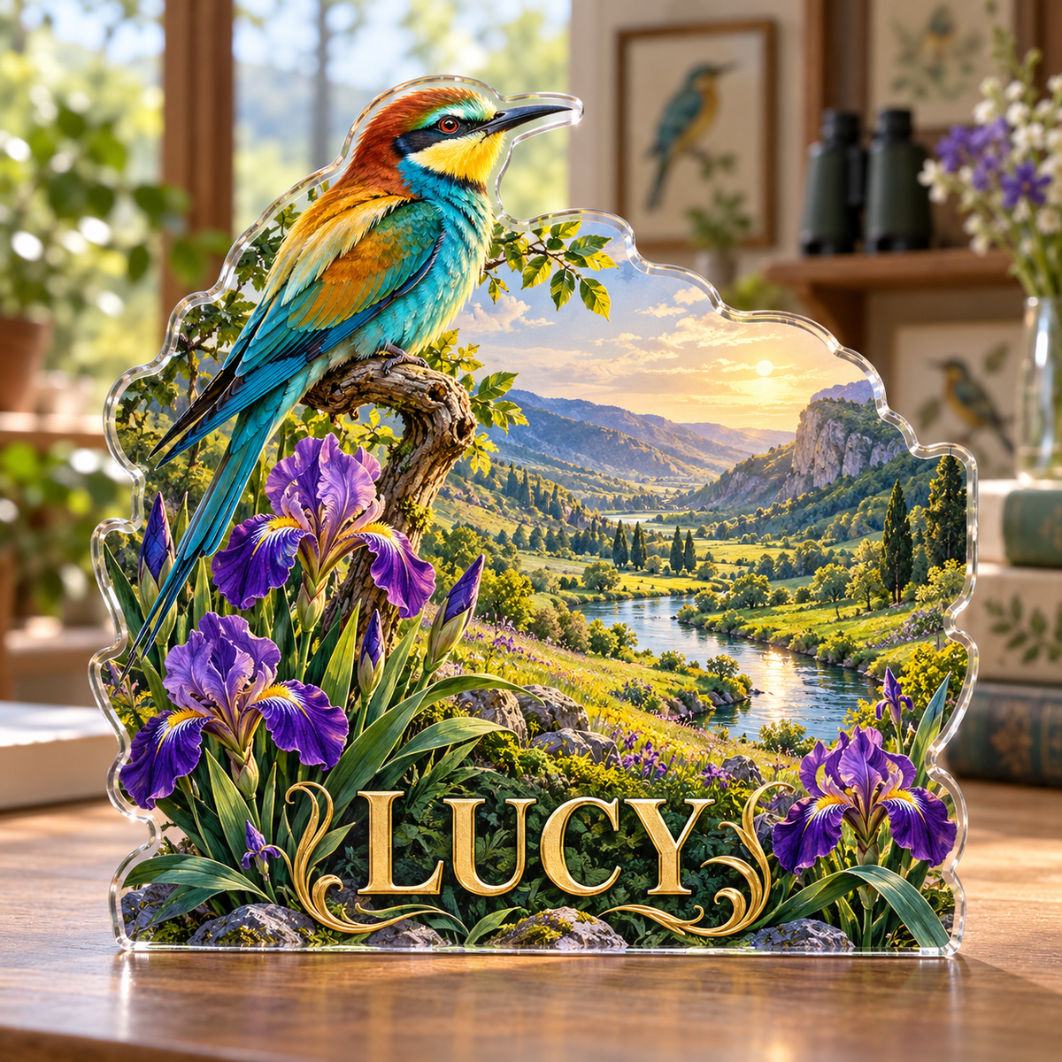 Front view of personalized bee eater iris riverbank acrylic plaque with sample name LUCY, displayed in a softly blurred birdwatching botanical room