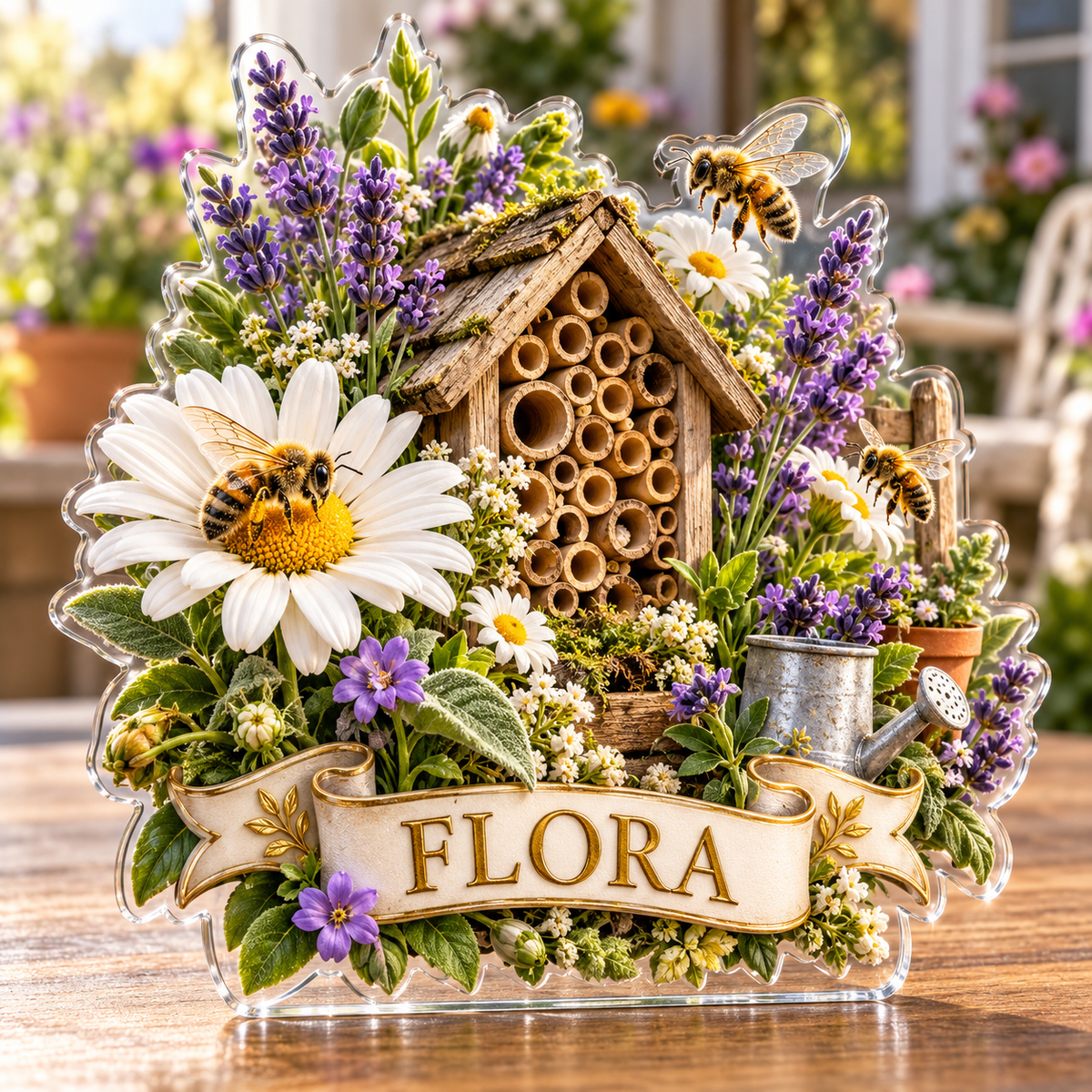 Front view of personalized bee hotel daisy garden acrylic plaque with sample name FLORA, displayed in a softly blurred pollinator garden room