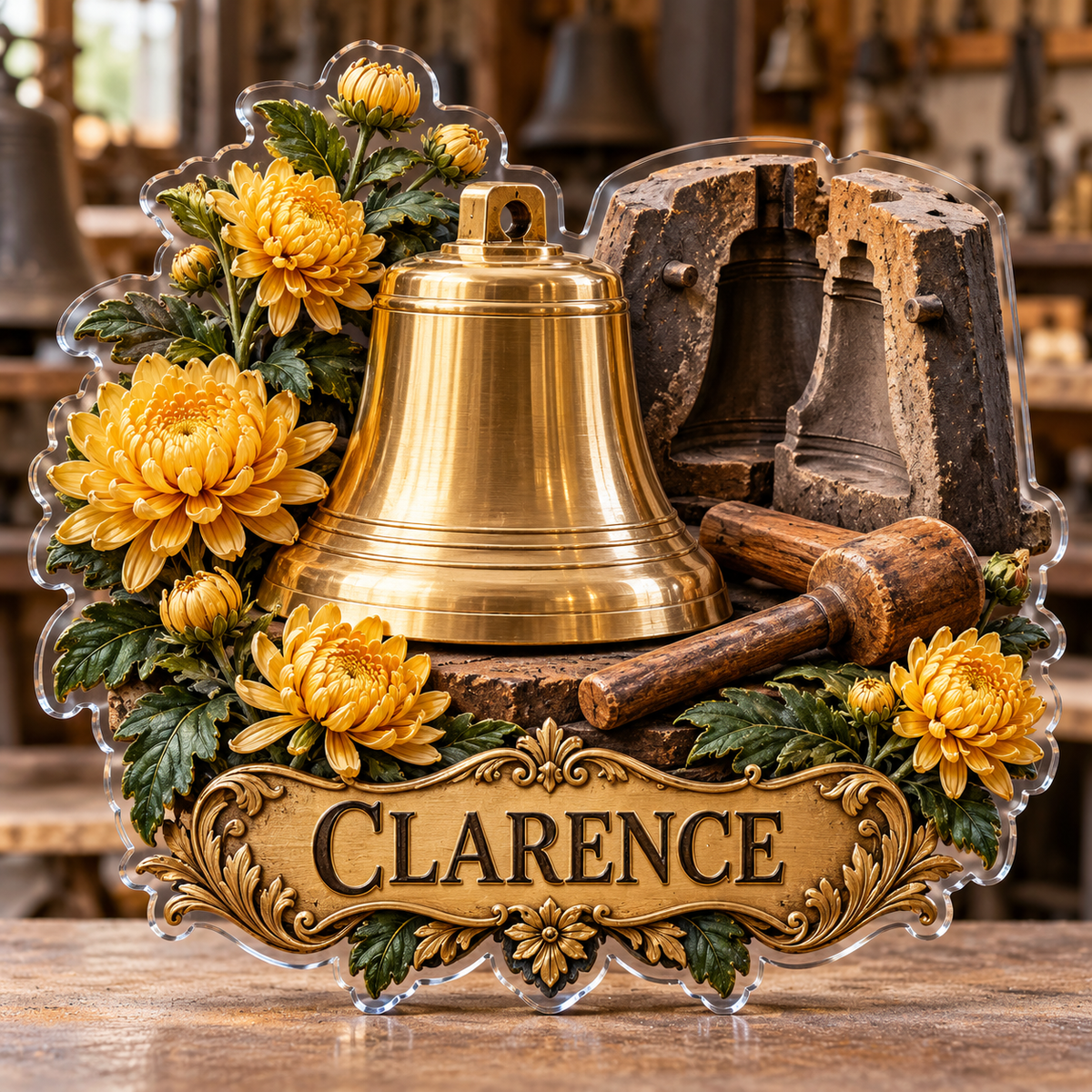 Front view of personalized bellfounding brass atelier acrylic plaque with sample name CLARENCE, displayed in a softly blurred warm bell artisan workshop