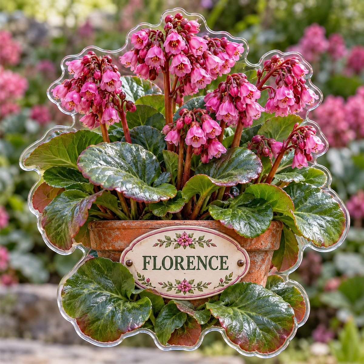 Front view of personalized bergenia spring garden acrylic plaque with sample name FLORENCE, displayed in a softly blurred sunlit bergenia spring garden
