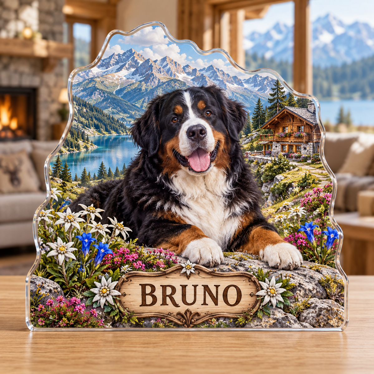 Front view of a bernese dog alpine chalet custom-shape acrylic plaque with example name BRUNO, displayed in a softly blurred cozy mountain lodge sitting room on light oak console