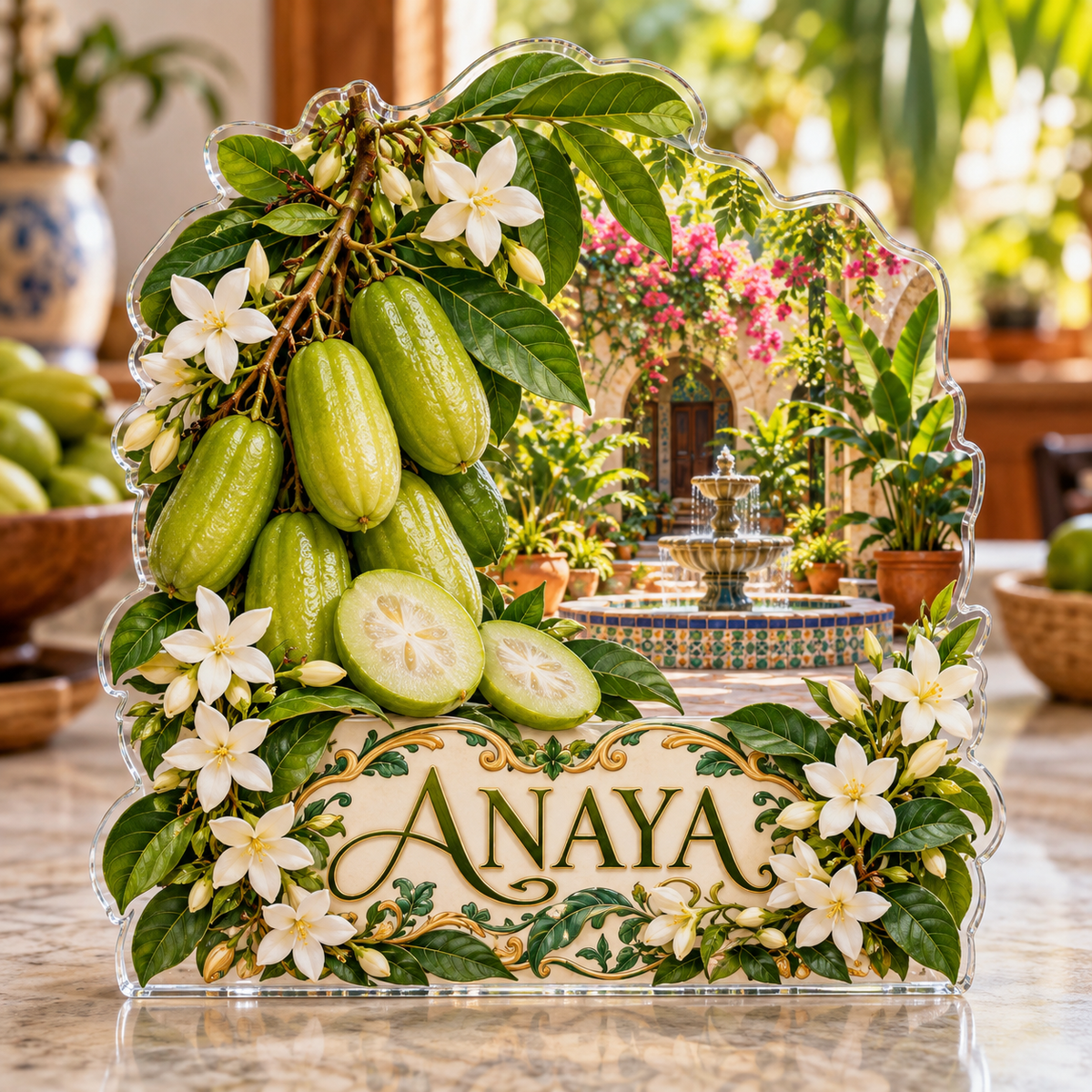 Front view of personalized bilimbi jasmine tropical courtyard acrylic plaque with sample name ANAYA, displayed in a softly blurred tropical fruit kitchen