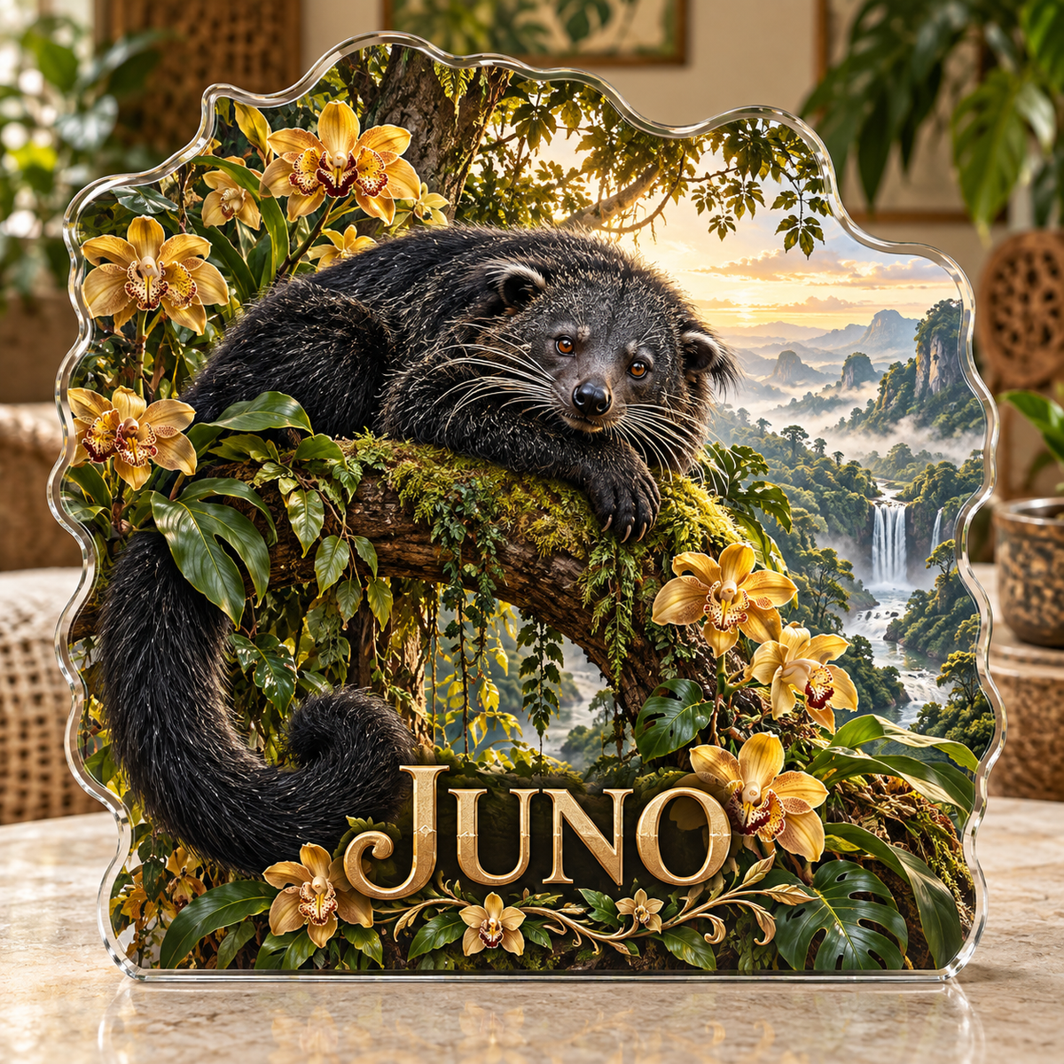 Front view of personalized binturong orchid canopy waterfall acrylic plaque with sample name JUNO, displayed in a softly blurred tropical naturalist sitting room on pale stone console