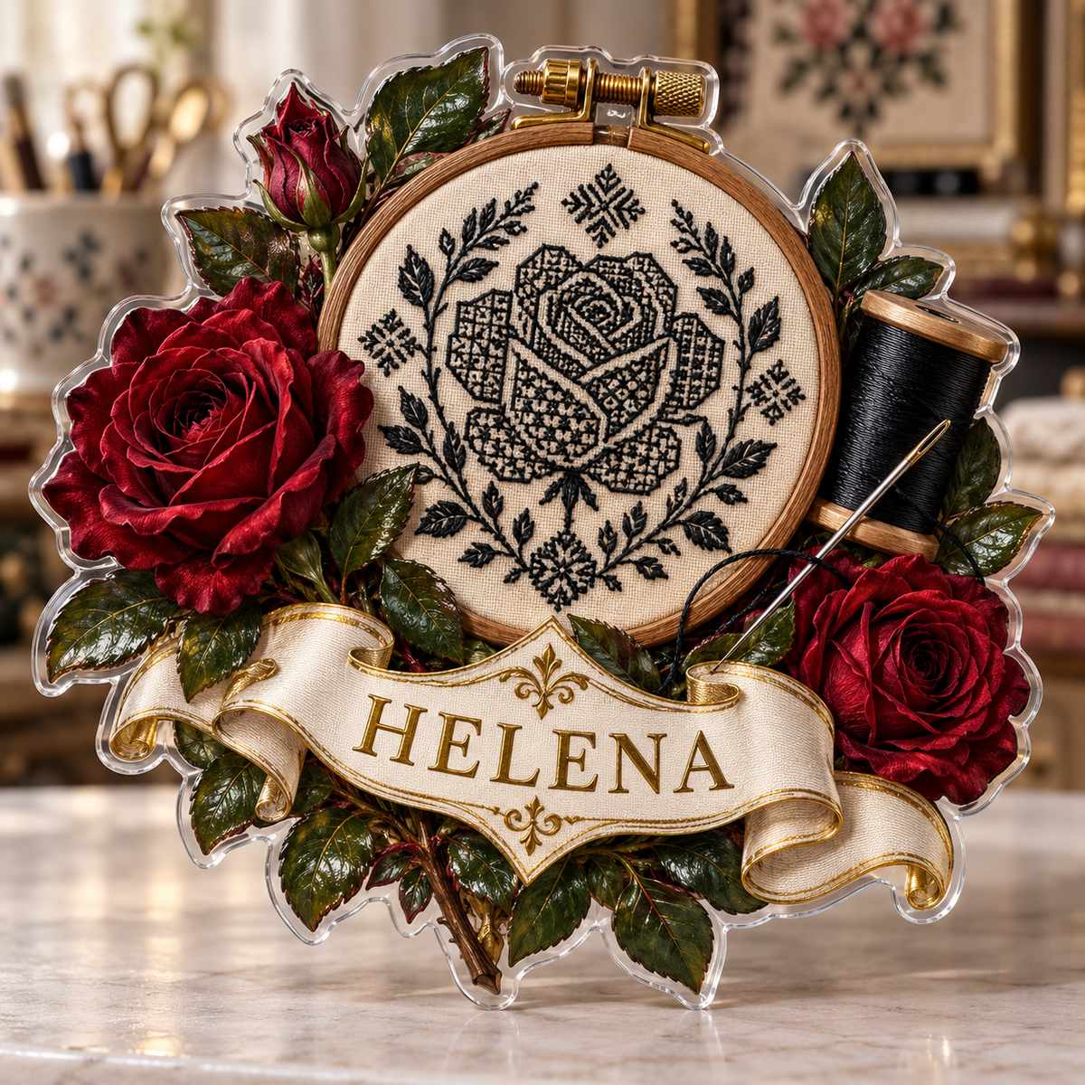 Front view of personalized blackwork embroidery rose atelier acrylic plaque with sample name HELENA, displayed in a softly blurred elegant needlework atelier