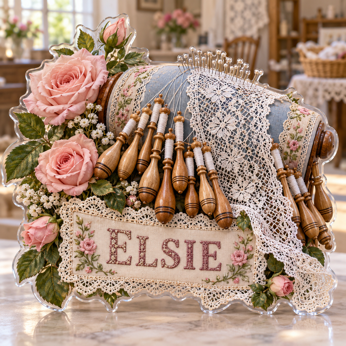 Front view of personalized bobbin lace pillow atelier acrylic plaque with sample name ELSIE, displayed in a softly blurred sunny lace-making room