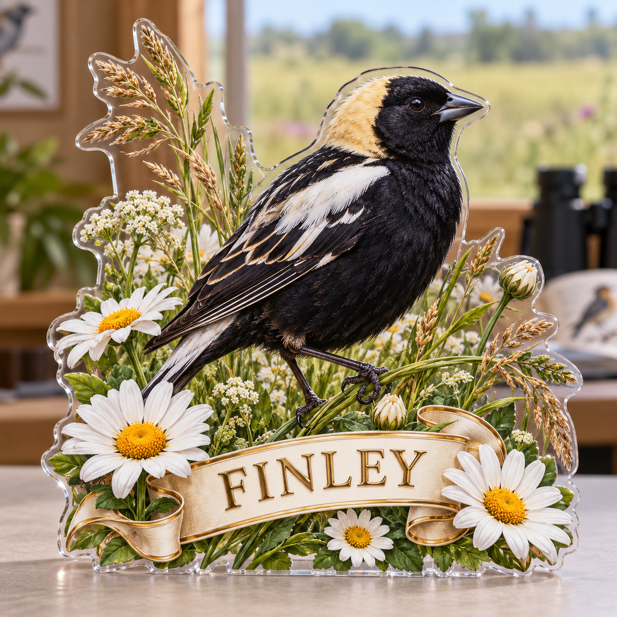 Front view of personalized bobolink meadow daisy acrylic plaque with sample name FINLEY, displayed in a softly blurred meadow birdwatching room