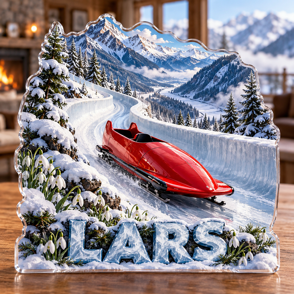 Front view of personalized bobsled snowdrop alpine track acrylic plaque with sample name LARS, displayed in a softly blurred winter sports lodge