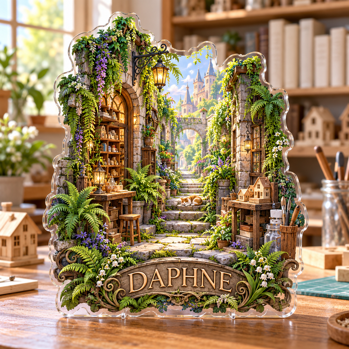 Front view of personalized book nook fern miniature library acrylic plaque with sample name DAPHNE, displayed in a softly blurred miniature diorama craft room