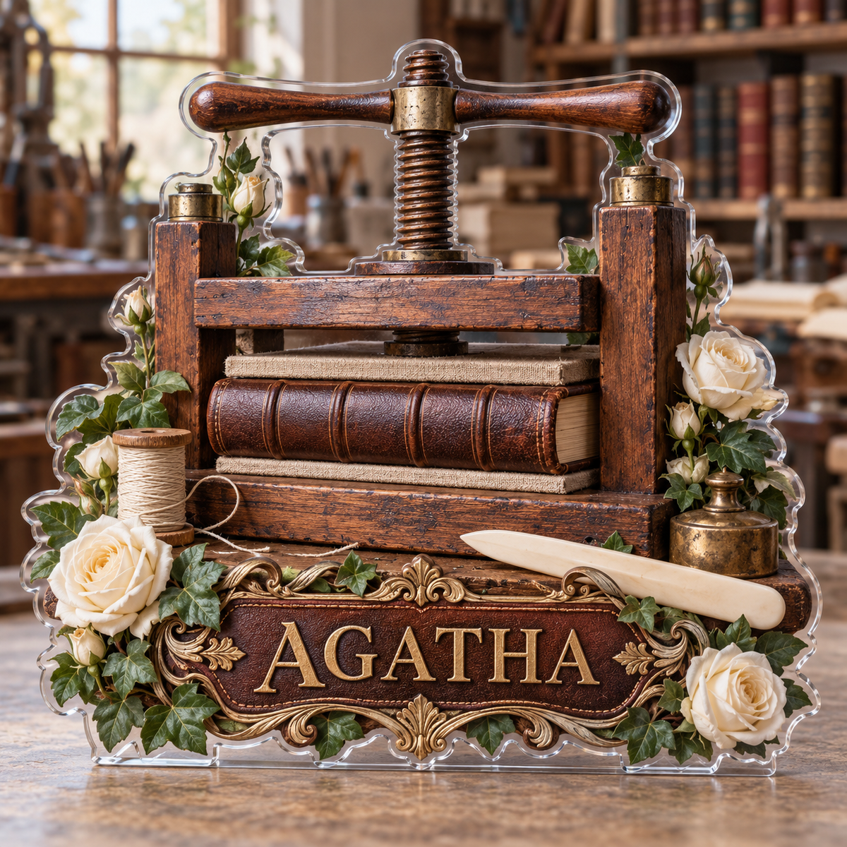 Front view of personalized book press binding atelier acrylic plaque with sample name AGATHA, displayed in a softly blurred heritage bookbinding workshop