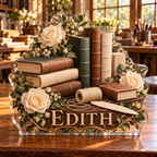 Front view of personalized bookbinding rose artisan study acrylic plaque with sample name EDITH, displayed in a softly blurred elegant bookbinding studio on walnut console