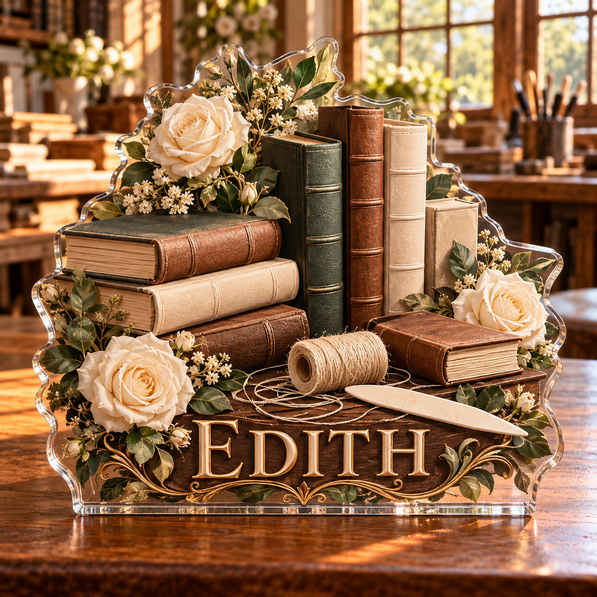 Front view of personalized bookbinding rose artisan study acrylic plaque with sample name EDITH, displayed in a softly blurred elegant bookbinding studio on walnut console