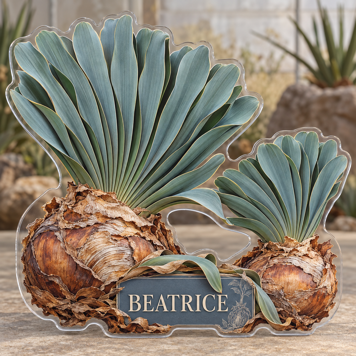 Front view of personalized boophone disticha fan garden acrylic plaque with sample name BEATRICE, displayed in a softly blurred sunlit dryland botanical conservatory
