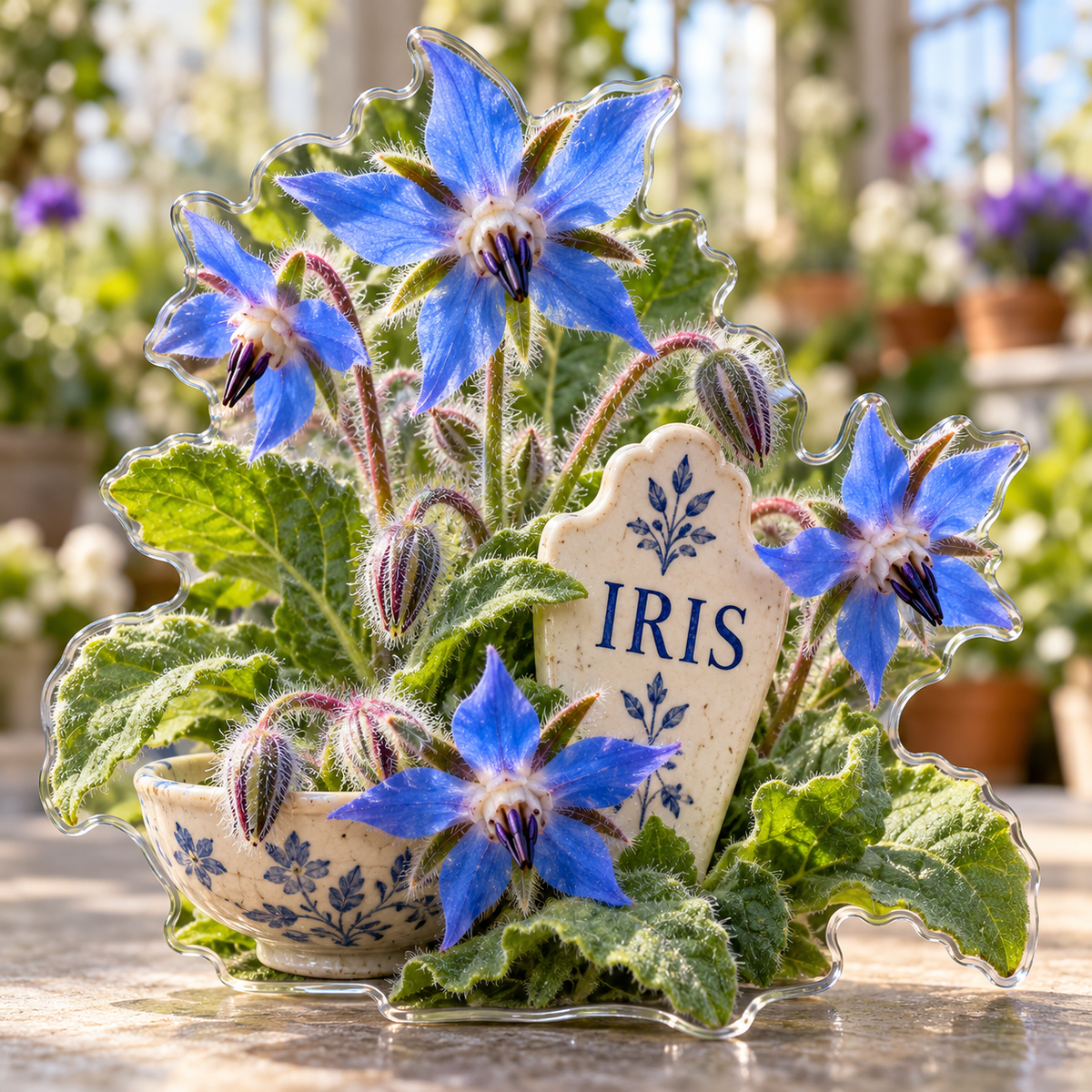 Front view of personalized borage starflower herb garden acrylic plaque with sample name IRIS, displayed in a softly blurred sunlit herb conservatory