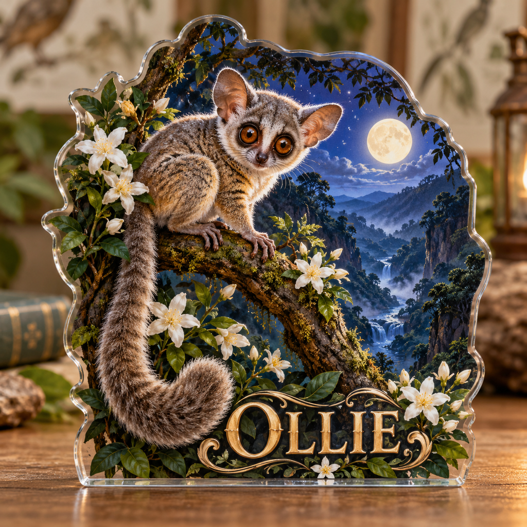 Front view of personalized bushbaby jasmine moon forest acrylic plaque with sample name OLLIE, displayed in a softly blurred wildlife naturalist study