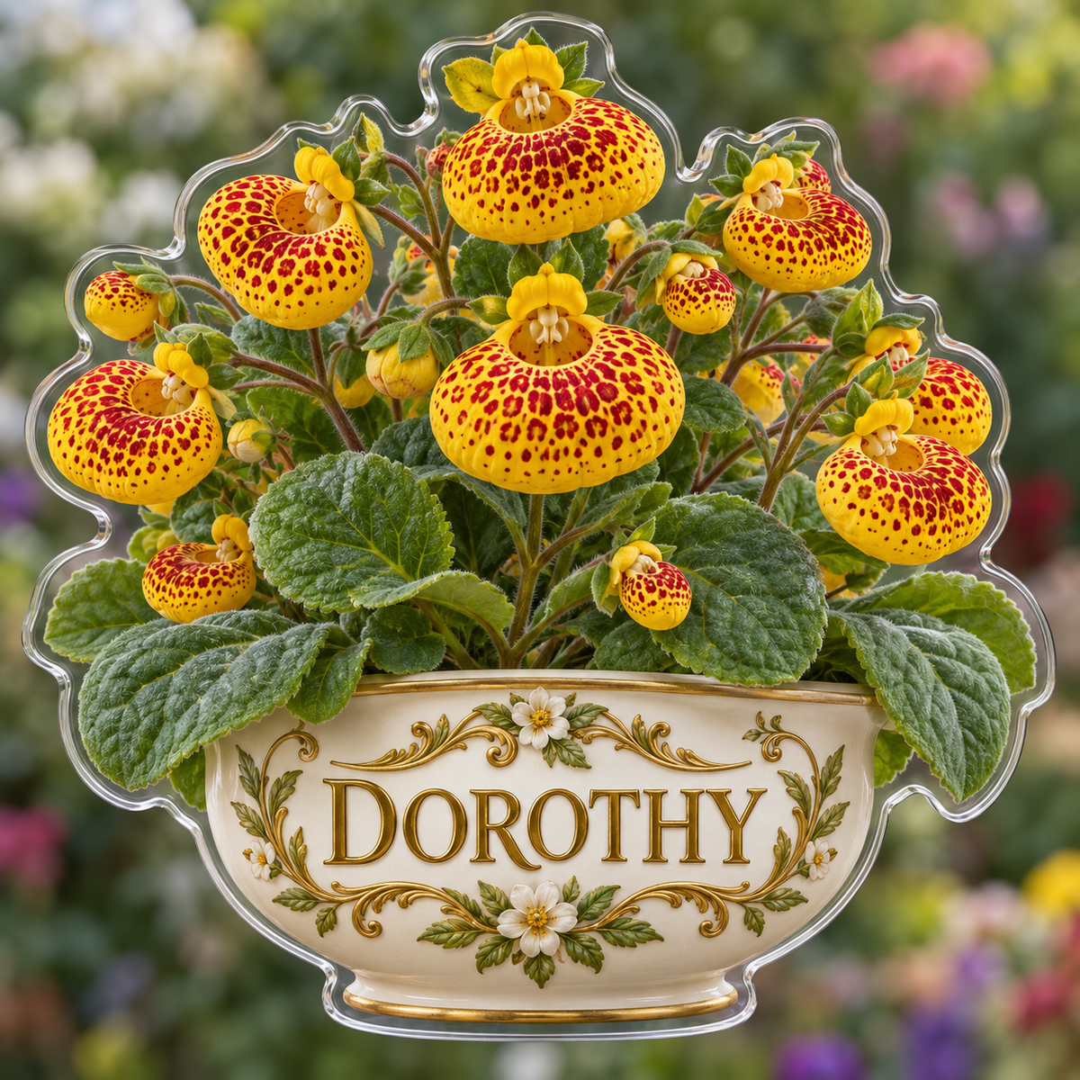 Front view of personalized calceolaria golden garden acrylic plaque with sample name DOROTHY, displayed in a softly blurred sunlit calceolaria golden garden